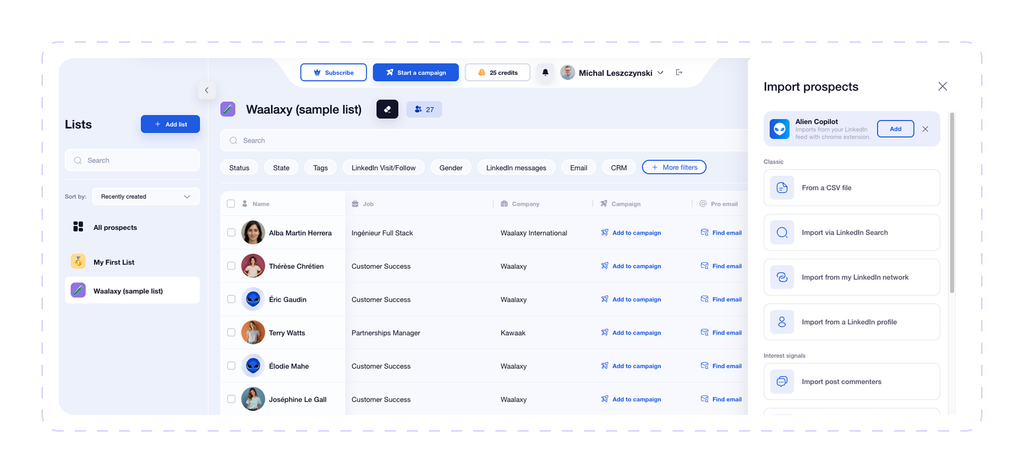 Waalaxy prospect list with the Import prospects panel showing CSV, LinkedIn Search, network, profile, and post commenter import options